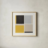 Quadrants Yellow by Danhui Nai. Shown in a natural wood glass frame for a timeless modern aesthetic. Available as an archival giclee rolled canvas, fine art paper, or poster print. SKU 88106a.