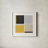 Quadrants Yellow by Danhui Nai. Shown in a crisp white glass frame for a clean and minimalist style. Available as an archival giclee rolled canvas, fine art paper, or poster print. SKU 88106a.