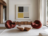 Quadrants Yellow by Danhui Nai. Shown as extra-large giant wall art in a modern living room. Available as an archival giclee rolled canvas, fine art paper, or poster print. SKU 88106a.