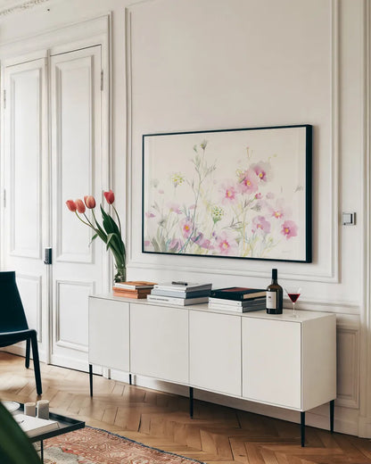Queen Annes Lace and Cosmos on White by Danhui Nai. shown as a framed stretched canvas in a living room above a console. Available as a archival giclee rolled canvas, fine art paper, or poster print. SKU 35409i.