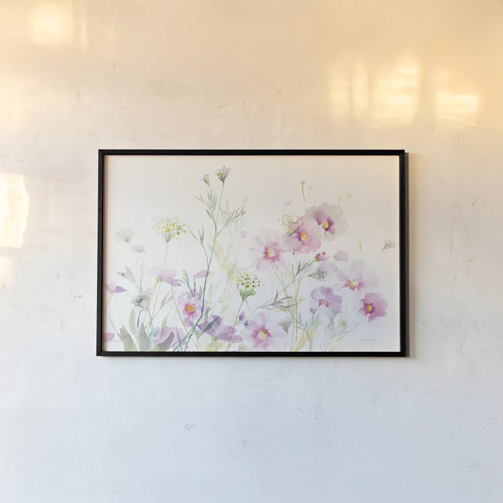 Queen Annes Lace and Cosmos on White by Danhui Nai. shown as a paper print in a black flame. Available as a archival giclee rolled canvas, fine art paper, or poster print. SKU 35409i.