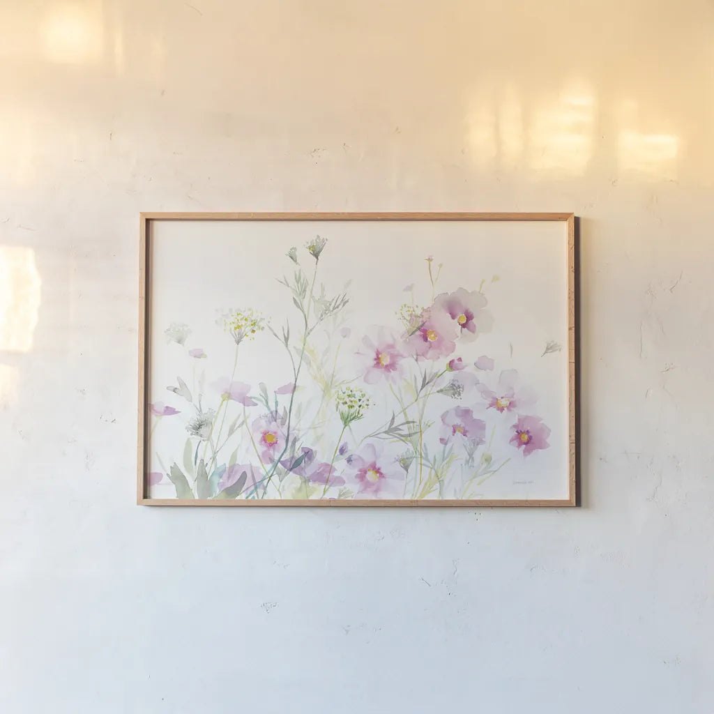 Queen Annes Lace and Cosmos on White by Danhui Nai. shown as a paper print in a natural frame. Available as a archival giclee rolled canvas, fine art paper, or poster print. SKU 35409i.