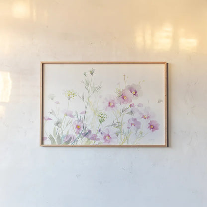 Queen Annes Lace and Cosmos on White by Danhui Nai. shown as a paper print in a natural frame. Available as a archival giclee rolled canvas, fine art paper, or poster print. SKU 35409i.
