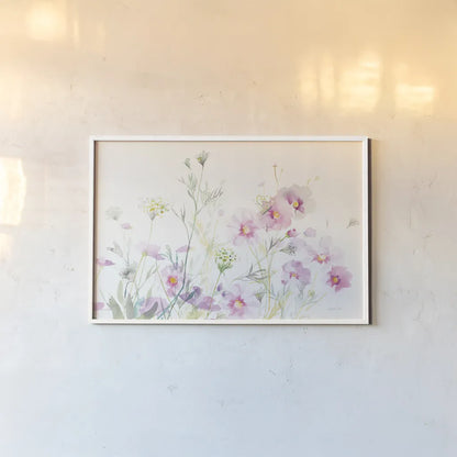 Queen Annes Lace and Cosmos on White by Danhui Nai. shown as a paper print in a white frame. Available as a archival giclee rolled canvas, fine art paper, or poster print. SKU 35409i.