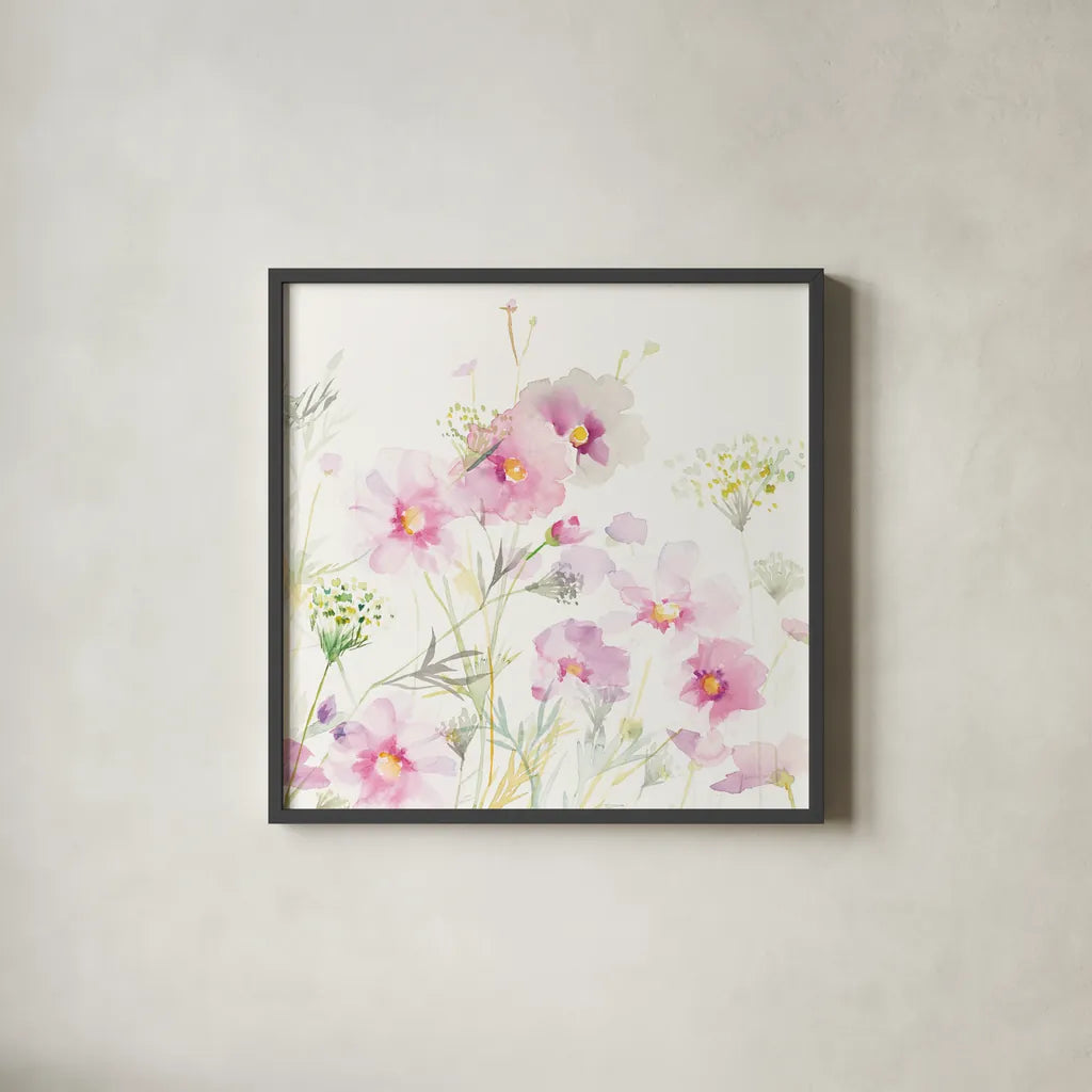 Queen Annes Lace and Cosmos on White II by Danhui Nai. Shown in a sleek black glass frame for a contemporary gallery look. Available as an archival giclee rolled canvas, fine art paper, or poster print. SKU 35410a.