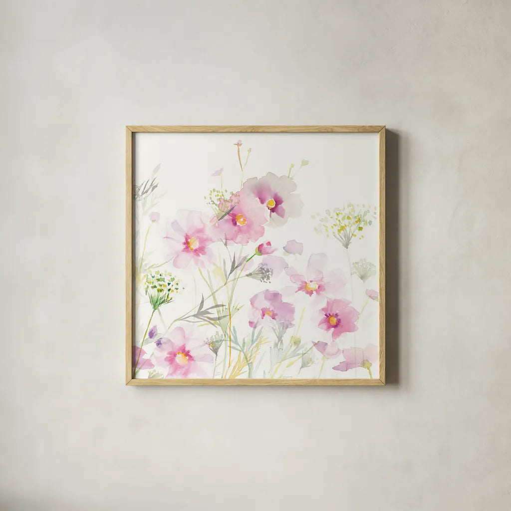 Queen Annes Lace and Cosmos on White II by Danhui Nai. Shown in a natural wood glass frame for a timeless modern aesthetic. Available as an archival giclee rolled canvas, fine art paper, or poster print. SKU 35410a.
