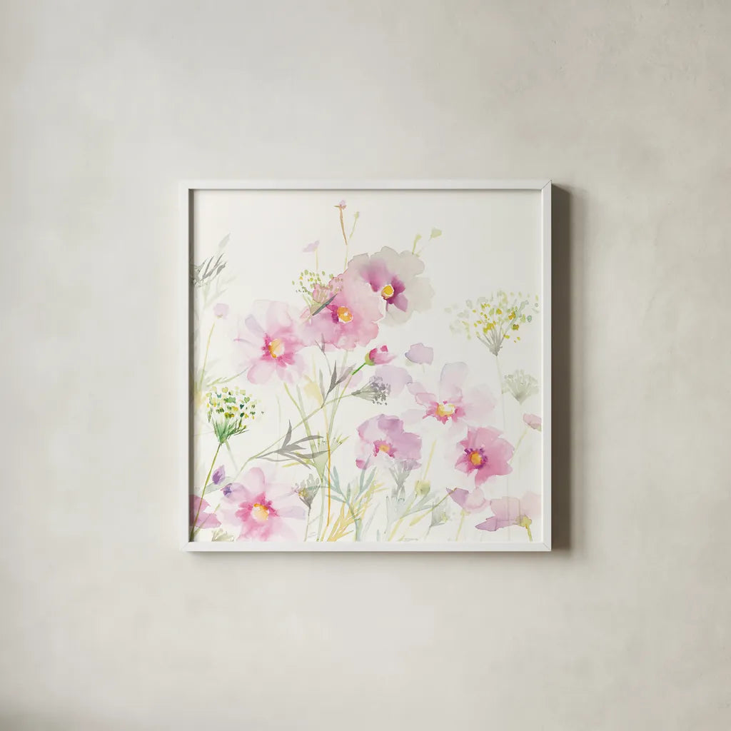 Queen Annes Lace and Cosmos on White II by Danhui Nai. Shown in a crisp white glass frame for a clean and minimalist style. Available as an archival giclee rolled canvas, fine art paper, or poster print. SKU 35410a.