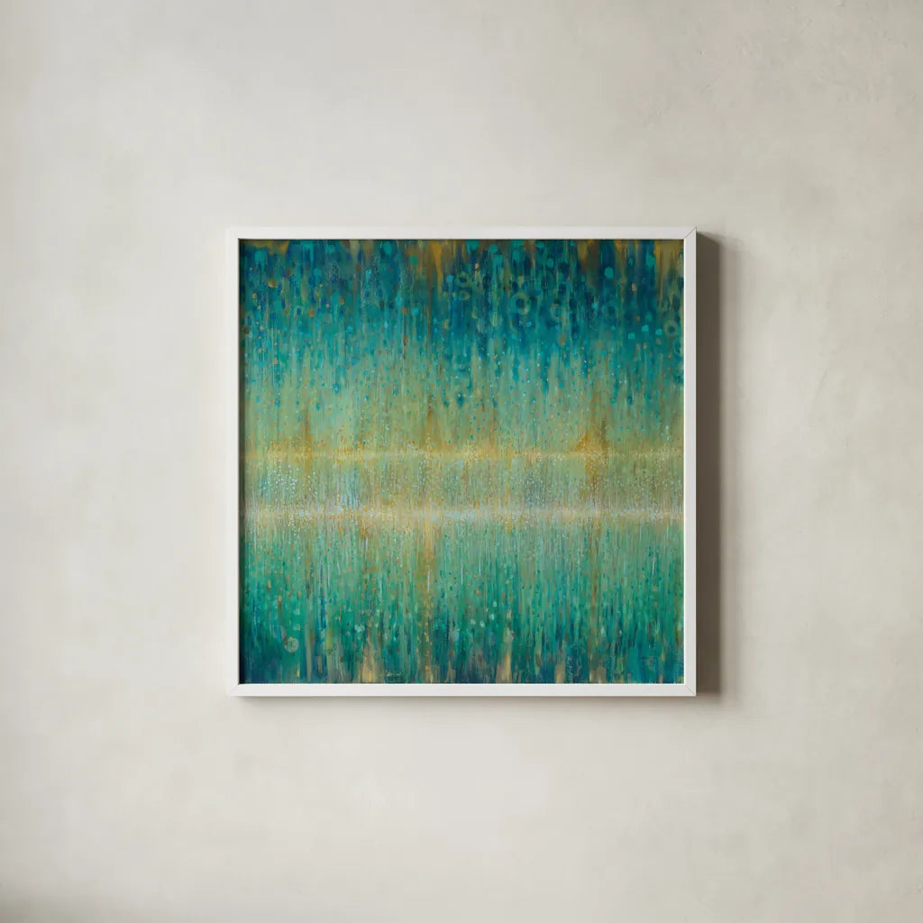 Rain Abstract I by Danhui Nai. Shown in a crisp white glass frame for a clean and minimalist style. Available as an archival giclee rolled canvas, fine art paper, or poster print. SKU 23845a.