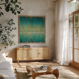 Rain Abstract I by Danhui Nai. Shown in a natural wood frame in a cozy modern living room. Available as an archival giclee rolled canvas, fine art paper, or poster print. SKU 23845a.
