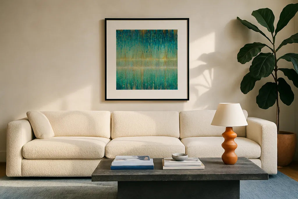 Rain Abstract I by Danhui Nai. Displayed in a glass frame with matte in a clean modern living room. Available as an archival giclee rolled canvas, fine art paper, or poster print. SKU 23845a.