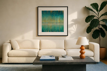Rain Abstract I by Danhui Nai. Displayed in a glass frame with matte in a clean modern living room. Available as an archival giclee rolled canvas, fine art paper, or poster print. SKU 23845a.