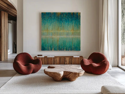 Rain Abstract I by Danhui Nai. Shown as extra-large giant wall art in a modern living room. Available as an archival giclee rolled canvas, fine art paper, or poster print. SKU 23845a.