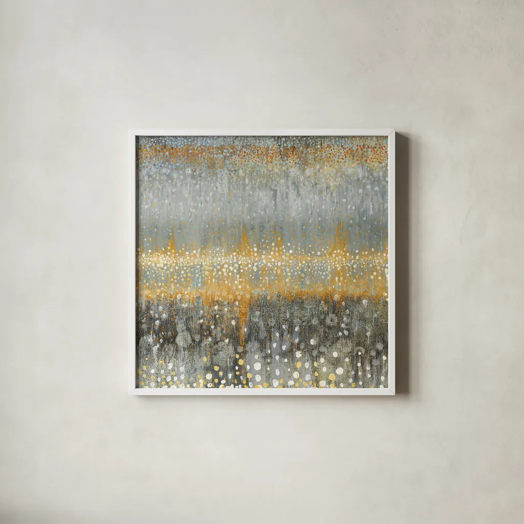 Rain Abstract I Autumn by Danhui Nai. Shown in a crisp white glass frame for a clean and minimalist style. Available as an archival giclee rolled canvas, fine art paper, or poster print. SKU 78330a.