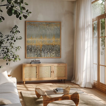 Rain Abstract I Autumn by Danhui Nai. Shown in a natural wood frame in a cozy modern living room. Available as an archival giclee rolled canvas, fine art paper, or poster print. SKU 78330a.
