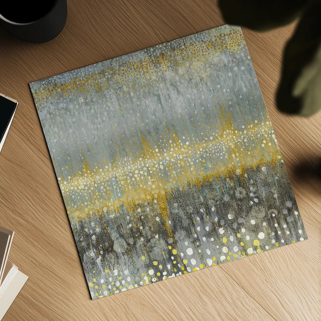 Rain Abstract I Yellow Gray by Danhui Nai. Shown as a detailed flat fine art print, highlighting archival giclee quality. Available as an archival giclee rolled canvas, fine art paper, or poster print. SKU 56017a.