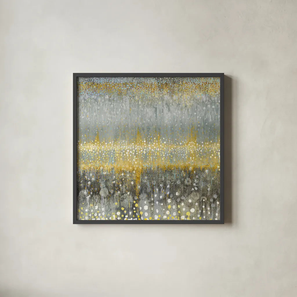 Rain Abstract I Yellow Gray by Danhui Nai. Shown in a sleek black glass frame for a contemporary gallery look. Available as an archival giclee rolled canvas, fine art paper, or poster print. SKU 56017a.