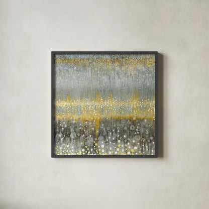 Rain Abstract I Yellow Gray by Danhui Nai. Shown in a sleek black glass frame for a contemporary gallery look. Available as an archival giclee rolled canvas, fine art paper, or poster print. SKU 56017a.