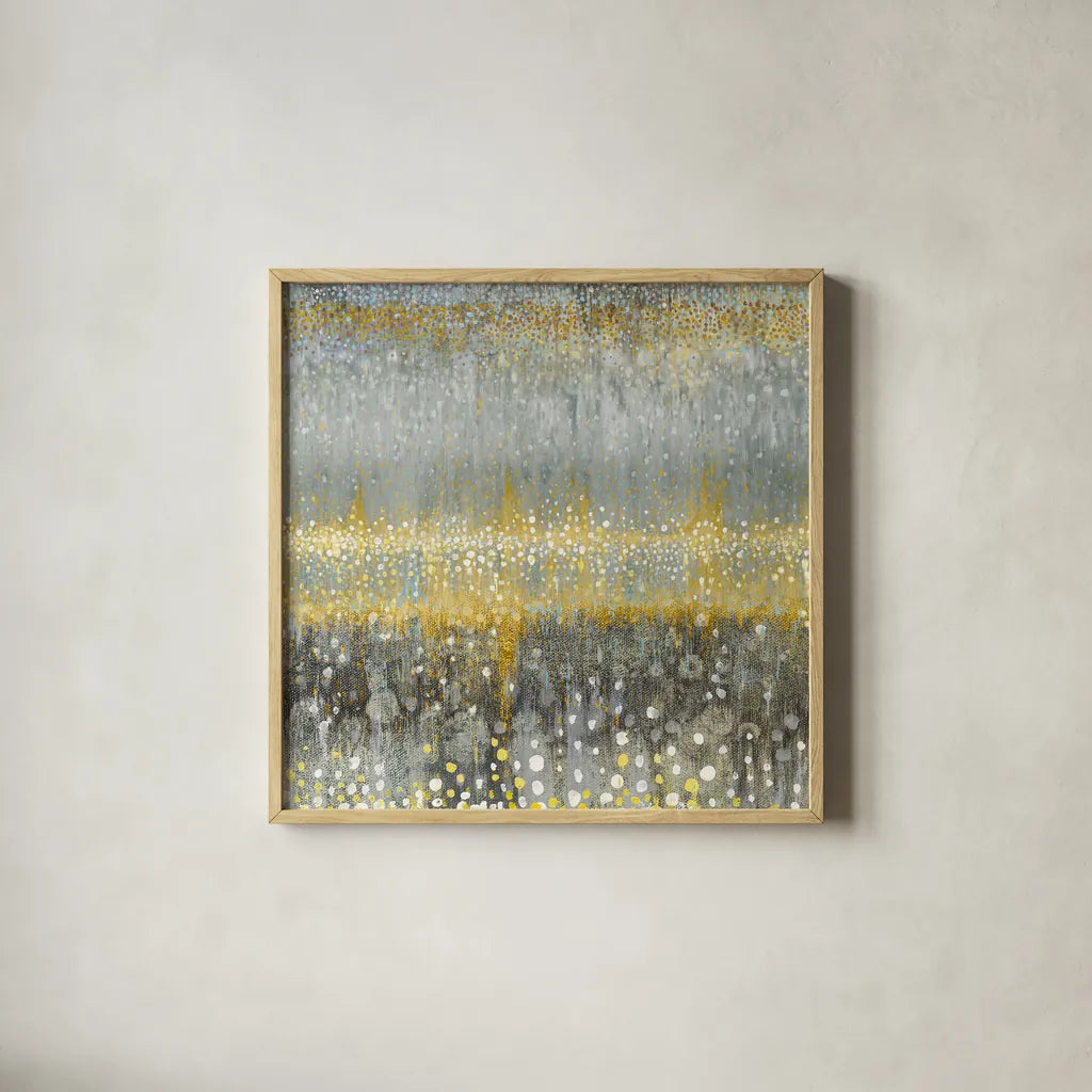 Rain Abstract I Yellow Gray by Danhui Nai. Shown in a natural wood glass frame for a timeless modern aesthetic. Available as an archival giclee rolled canvas, fine art paper, or poster print. SKU 56017a.