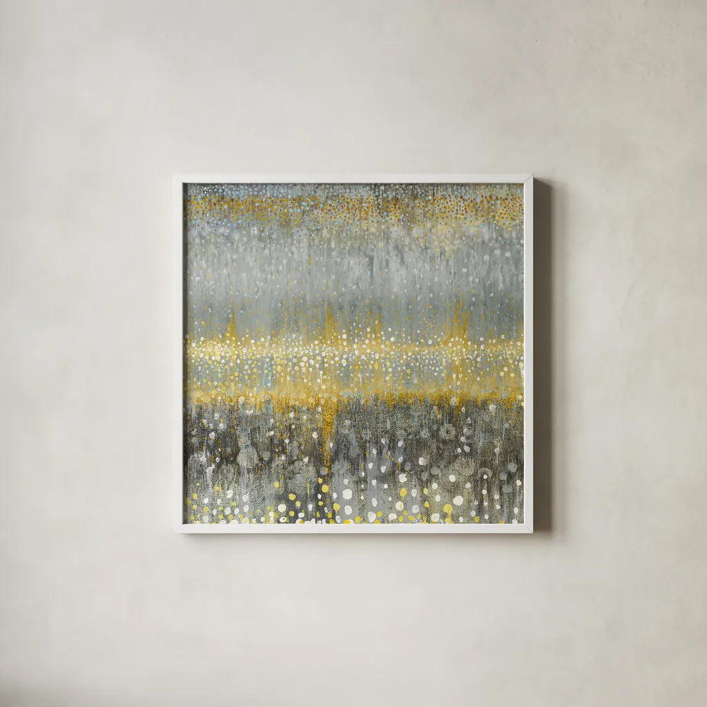 Rain Abstract I Yellow Gray by Danhui Nai. Shown in a crisp white glass frame for a clean and minimalist style. Available as an archival giclee rolled canvas, fine art paper, or poster print. SKU 56017a.