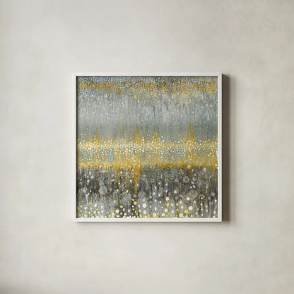 Rain Abstract I Yellow Gray by Danhui Nai. Shown in a crisp white glass frame for a clean and minimalist style. Available as an archival giclee rolled canvas, fine art paper, or poster print. SKU 56017a.