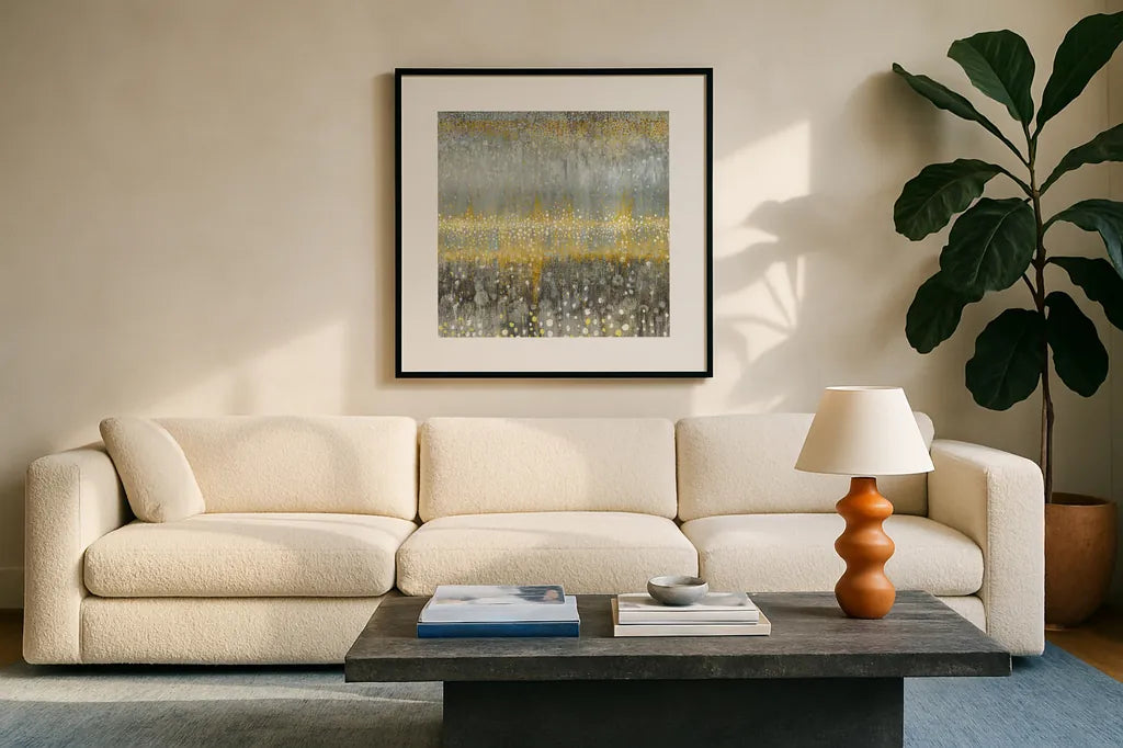 Rain Abstract I Yellow Gray by Danhui Nai. Displayed in a glass frame with matte in a clean modern living room. Available as an archival giclee rolled canvas, fine art paper, or poster print. SKU 56017a.