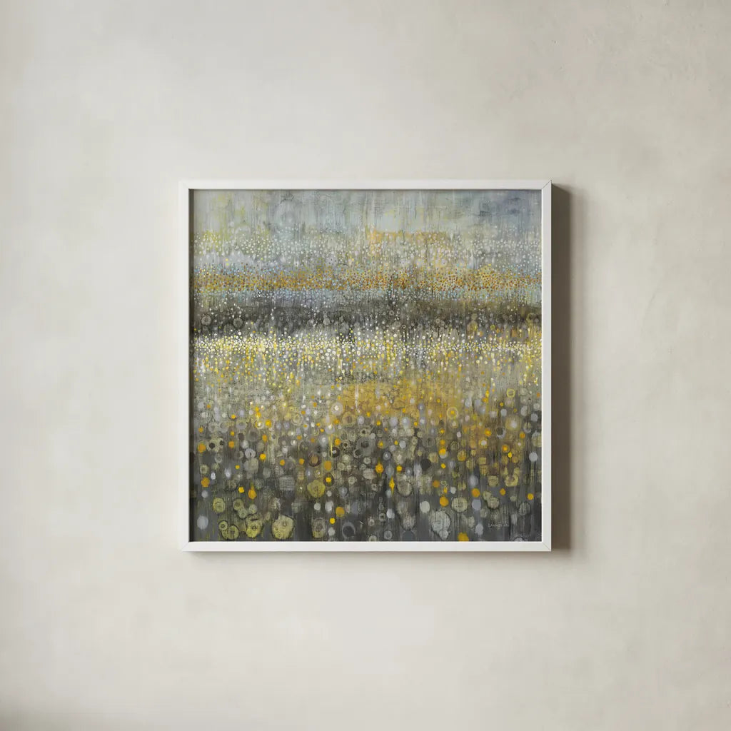 Rain Abstract II by Danhui Nai. Shown in a crisp white glass frame for a clean and minimalist style. Available as an archival giclee rolled canvas, fine art paper, or poster print. SKU 23846a.