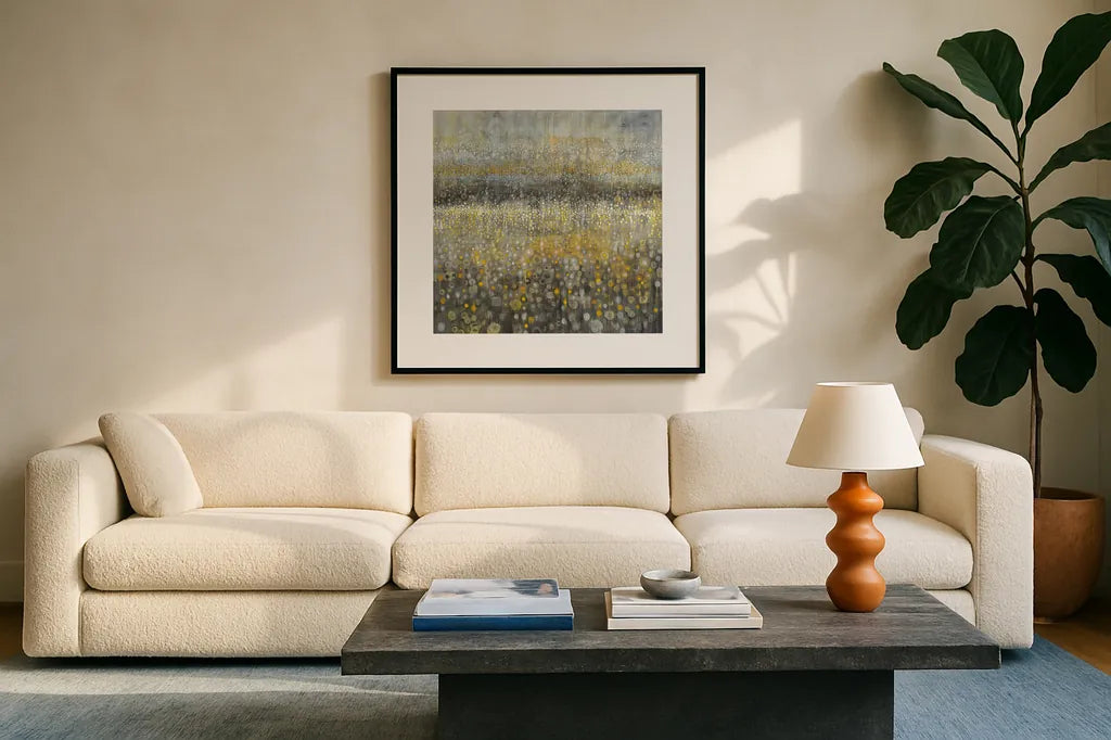 Rain Abstract II by Danhui Nai. Displayed in a glass frame with matte in a clean modern living room. Available as an archival giclee rolled canvas, fine art paper, or poster print. SKU 23846a.