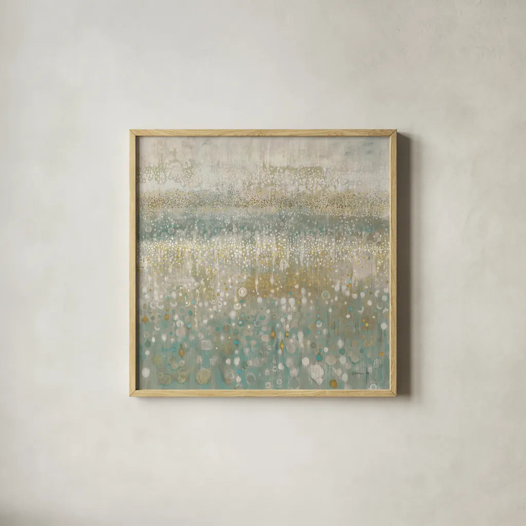 Rain Abstract II Neutral by Danhui Nai. Shown in a natural wood glass frame for a timeless modern aesthetic. Available as an archival giclee rolled canvas, fine art paper, or poster print. SKU 69136a.