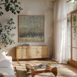 Rain Abstract III by Danhui Nai. Shown in a natural wood frame in a cozy modern living room. Available as an archival giclee rolled canvas, fine art paper, or poster print. SKU 25798a.