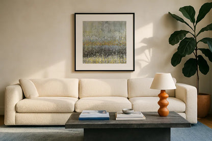 Rain Abstract III by Danhui Nai. Displayed in a glass frame with matte in a clean modern living room. Available as an archival giclee rolled canvas, fine art paper, or poster print. SKU 25798a.