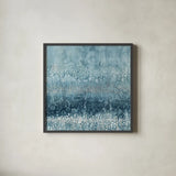 Rain Abstract III Blue Silver by Danhui Nai. Shown in a sleek black glass frame for a contemporary gallery look. Available as an archival giclee rolled canvas, fine art paper, or poster print. SKU 54049a.