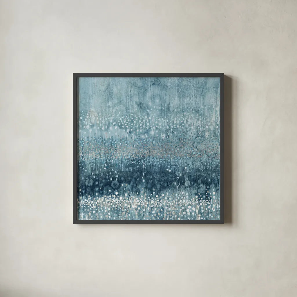 Rain Abstract III Blue Silver by Danhui Nai. Shown in a sleek black glass frame for a contemporary gallery look. Available as an archival giclee rolled canvas, fine art paper, or poster print. SKU 54049a.