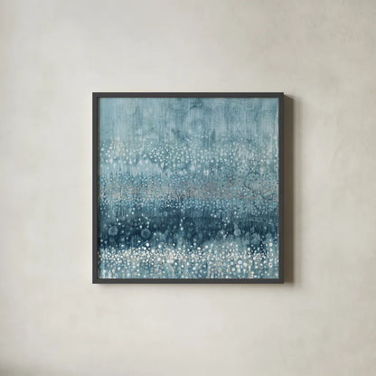 Rain Abstract III Blue Silver by Danhui Nai. Shown in a sleek black glass frame for a contemporary gallery look. Available as an archival giclee rolled canvas, fine art paper, or poster print. SKU 54049a.
