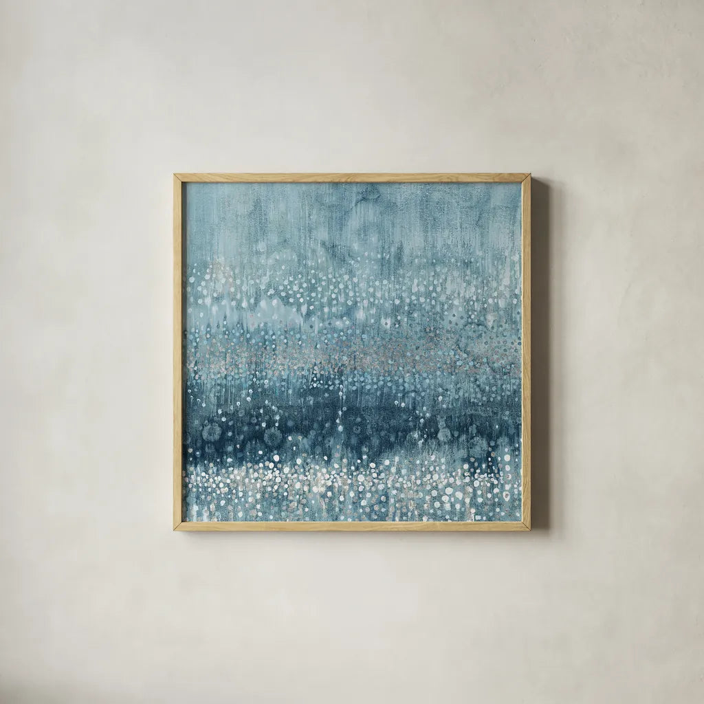 Rain Abstract III Blue Silver by Danhui Nai. Shown in a natural wood glass frame for a timeless modern aesthetic. Available as an archival giclee rolled canvas, fine art paper, or poster print. SKU 54049a.
