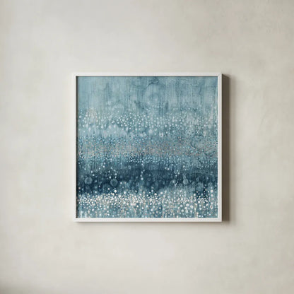 Rain Abstract III Blue Silver by Danhui Nai. Shown in a crisp white glass frame for a clean and minimalist style. Available as an archival giclee rolled canvas, fine art paper, or poster print. SKU 54049a.