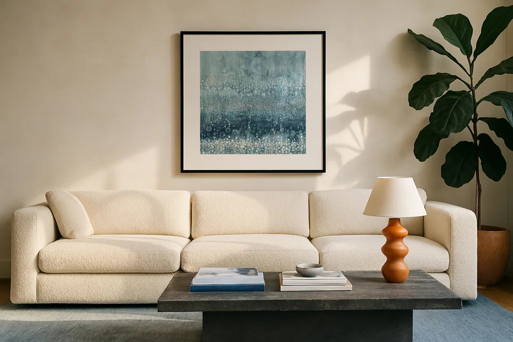 Rain Abstract III Blue Silver by Danhui Nai. Displayed in a glass frame with matte in a clean modern living room. Available as an archival giclee rolled canvas, fine art paper, or poster print. SKU 54049a.