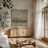 Rain Abstract IV by Danhui Nai. Shown in a natural wood frame in a cozy modern living room. Available as an archival giclee rolled canvas, fine art paper, or poster print. SKU 25799a.