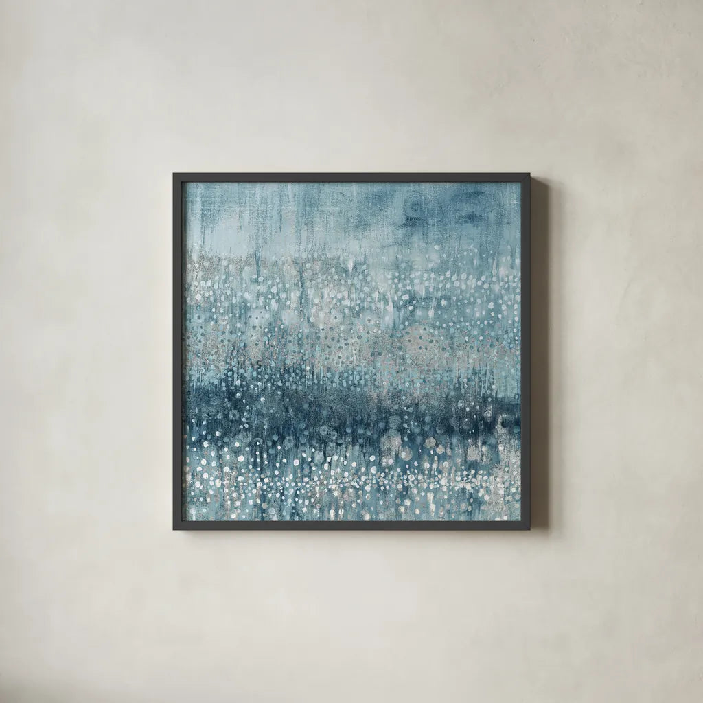 Rain Abstract IV Blue Silver by Danhui Nai. Shown in a sleek black glass frame for a contemporary gallery look. Available as an archival giclee rolled canvas, fine art paper, or poster print. SKU 54050a.