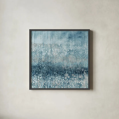 Rain Abstract IV Blue Silver by Danhui Nai. Shown in a sleek black glass frame for a contemporary gallery look. Available as an archival giclee rolled canvas, fine art paper, or poster print. SKU 54050a.