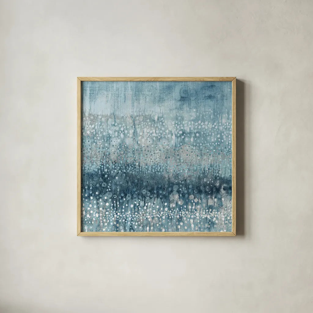 Rain Abstract IV Blue Silver by Danhui Nai. Shown in a natural wood glass frame for a timeless modern aesthetic. Available as an archival giclee rolled canvas, fine art paper, or poster print. SKU 54050a.