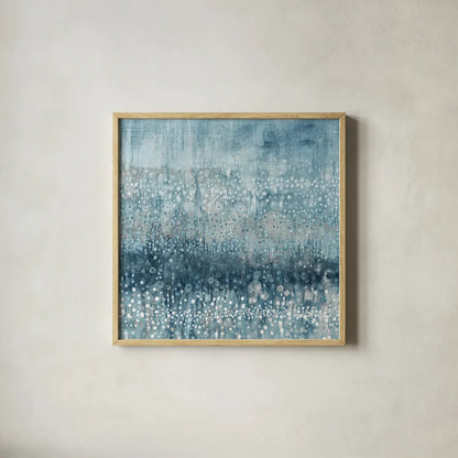 Rain Abstract IV Blue Silver by Danhui Nai. Shown in a natural wood glass frame for a timeless modern aesthetic. Available as an archival giclee rolled canvas, fine art paper, or poster print. SKU 54050a.