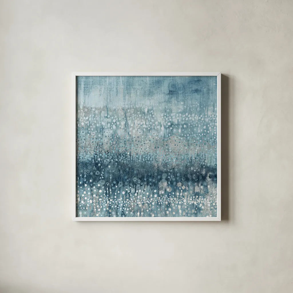 Rain Abstract IV Blue Silver by Danhui Nai. Shown in a crisp white glass frame for a clean and minimalist style. Available as an archival giclee rolled canvas, fine art paper, or poster print. SKU 54050a.
