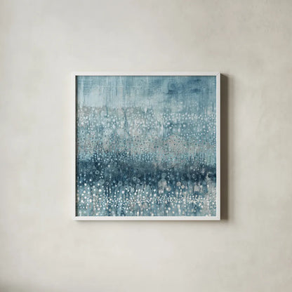 Rain Abstract IV Blue Silver by Danhui Nai. Shown in a crisp white glass frame for a clean and minimalist style. Available as an archival giclee rolled canvas, fine art paper, or poster print. SKU 54050a.