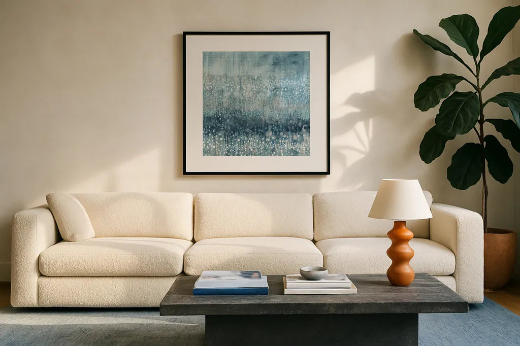 Rain Abstract IV Blue Silver by Danhui Nai. Displayed in a glass frame with matte in a clean modern living room. Available as an archival giclee rolled canvas, fine art paper, or poster print. SKU 54050a.