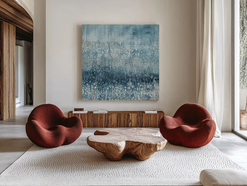 Rain Abstract IV Blue Silver by Danhui Nai. Shown as extra-large giant wall art in a modern living room. Available as an archival giclee rolled canvas, fine art paper, or poster print. SKU 54050a.
