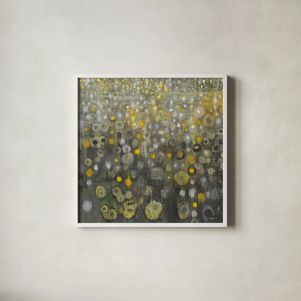 Rain Abstract V by Danhui Nai. Shown in a crisp white glass frame for a clean and minimalist style. Available as an archival giclee rolled canvas, fine art paper, or poster print. SKU 25800a.