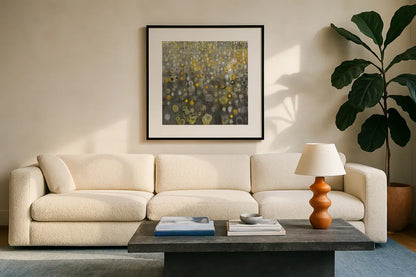 Rain Abstract V by Danhui Nai. Displayed in a glass frame with matte in a clean modern living room. Available as an archival giclee rolled canvas, fine art paper, or poster print. SKU 25800a.