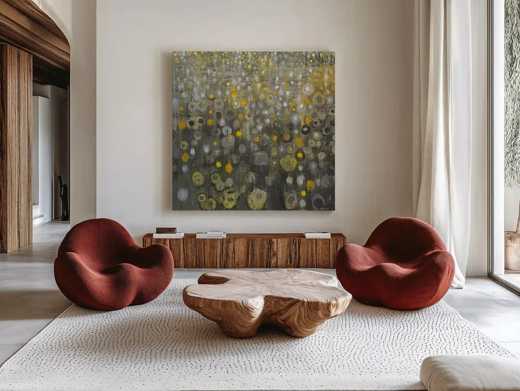 Rain Abstract V by Danhui Nai. Shown as extra-large giant wall art in a modern living room. Available as an archival giclee rolled canvas, fine art paper, or poster print. SKU 25800a.