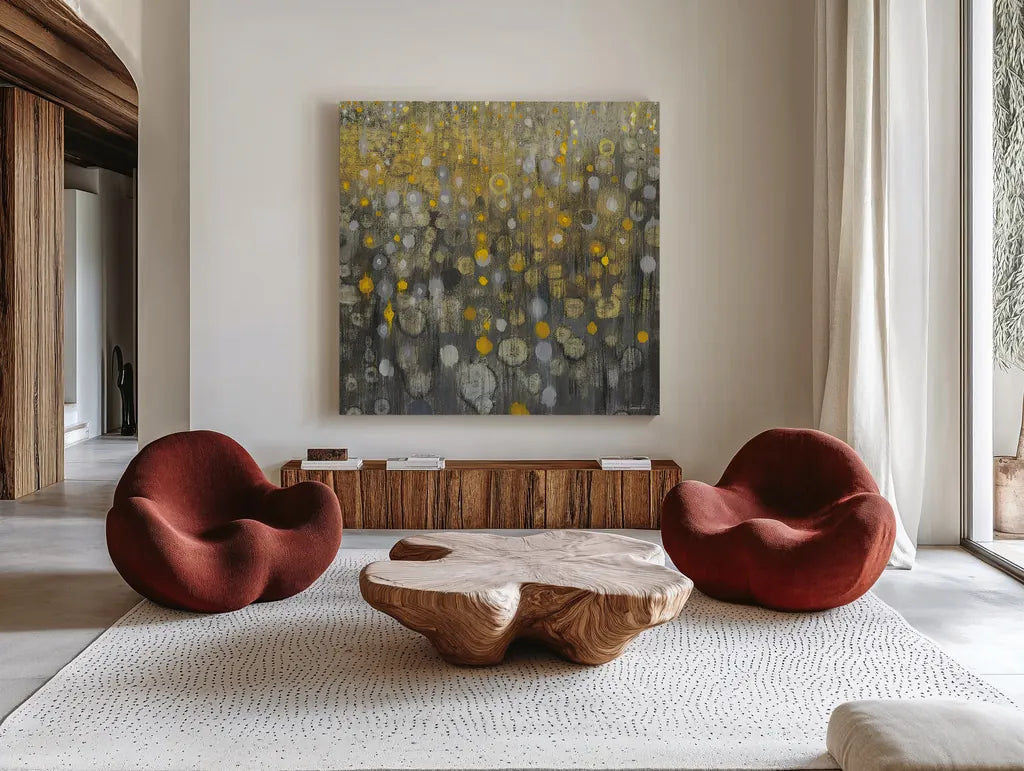 Rain Abstract VI by Danhui Nai. Shown as extra-large giant wall art in a modern living room. Available as an archival giclee rolled canvas, fine art paper, or poster print. SKU 25801a.