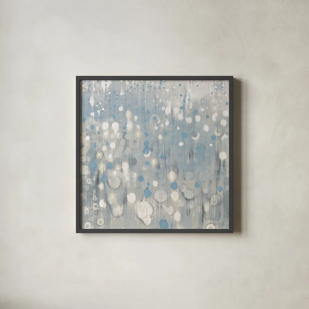Rain Abstract VI Blue by Danhui Nai. Shown in a sleek black glass frame for a contemporary gallery look. Available as an archival giclee rolled canvas, fine art paper, or poster print. SKU 75647a.
